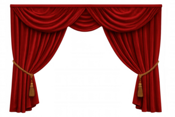 Red velvet stage curtains opening, presenting a theater or opera performance scene, transparent background