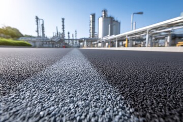 Obraz premium Low angle view of textured asphalt and white line, facing a blurred industrial complex and chemical processing plant