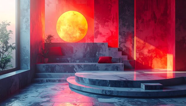 Interior scene lit by a vibrant red sun with marble platform and window