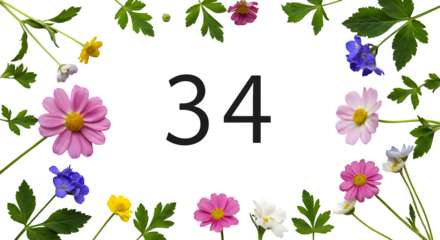 Floral frame with flowers and leaves on black showcases number 34 for social media or print invitation