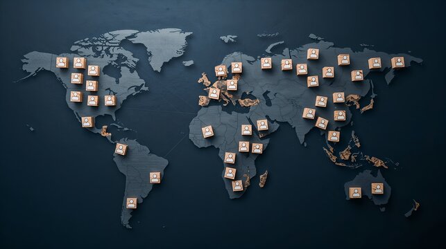 a world map adorned with numerous pinpoints, depicting global connections and reach. The map, against a contrasting backdrop, has pins marking worldwide locations