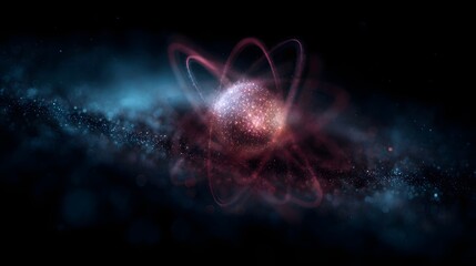 Abstract glowing atomic nucleus with orbiting electrons in cosmic nebula