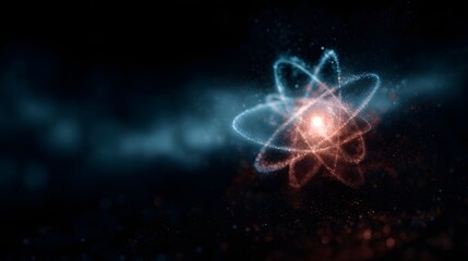 A glowing abstract atom model with luminous orbiting paths and energetic particles representing science and discovery
