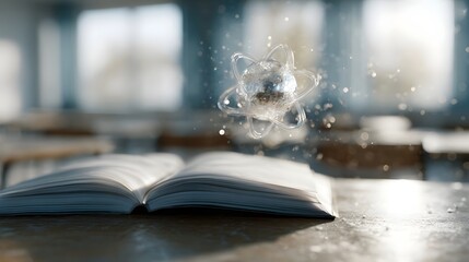 An atom structure floats above an open book on a desk in a sunlit classroom symbolizing the convergence of knowledge and scientific discovery