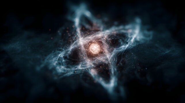 Abstract glowing atomic nucleus with orbiting particles and energy trails on a dark background