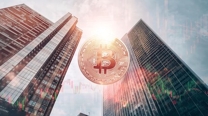 a bitcoin floating in between the two skyscrapers, with financial market data, suggesting investment