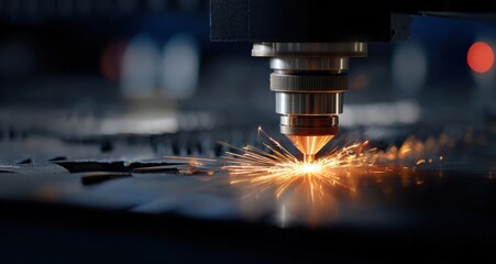 Laser cutting machine performing precise manufacturing work on a steel sheet, generating bright sparks in a factory environment