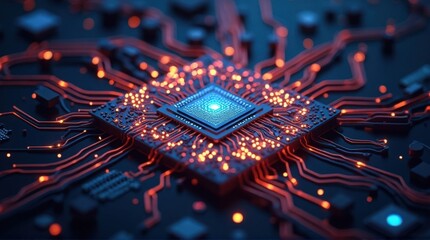 Futuristic Microchip with Illuminated Circuitry in Dark Technology Setting