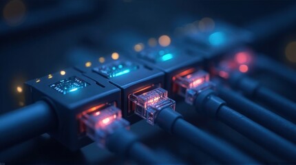 Network Ethernet Cables Connected to Data Switch with Blue and Red Lights in Dark Environment
