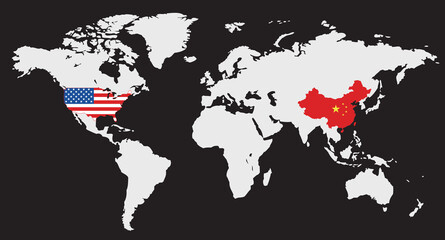 A world map shows the United States in red and China in red, clearly marking their locations. The map emphasizes their significance in global affairs.