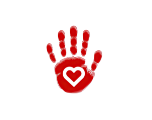 Red handprint with heart symbol against a black background