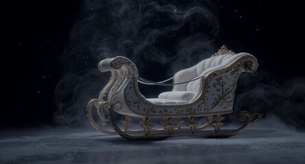 Ornate winter sleigh with intricate gold detailing and plush white seating, emerging from atmospheric smoke against a dark, snowy background.