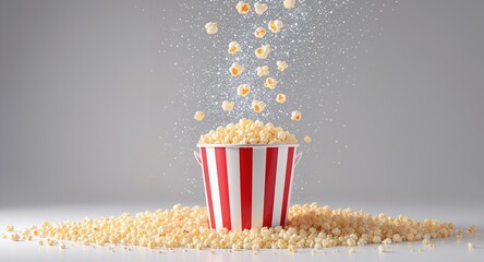 Overflowing Bucket of Popcorn with Falling Kernels and Sparkles