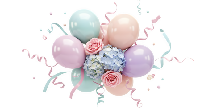 Pastel balloons and flowers float with ribbons against a black background. Decorative elements for party invitations, website headers, and birthday greetings.