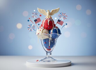 Patriotic Ice Cream Sundae with Eagle Topper and Fireworks