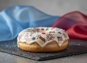 Patriotic Donut with Festive Sprinkles and Red, White, and Blue Decorations