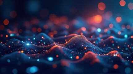 Abstract Digital Data Waves with Glowing Particles in Blue and Orange Tones