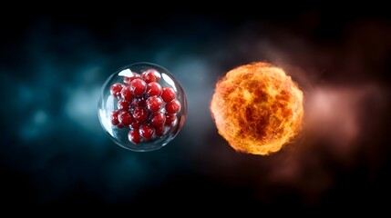 Conceptual comparison of a cluster of particles within a sphere and a fiery energy orb against a dark background