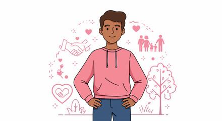 Smiling young man surrounded by symbolic pink line art illustrations representing family, love, community, friendship, and environmental care, embodying positive values.