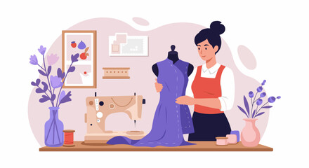 A dedicated female fashion designer carefully crafting a new dress on a mannequin in her brightly lit studio, surrounded by sewing essentials.