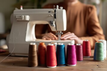 Person using a sewing machine with a focus on colorful thread spools arranged on a wooden table, representing diy fashion and crafting