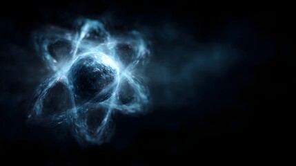 Abstract visualization of a glowing blue atom featuring a luminous nucleus and dynamic swirling energy orbits against a dark cosmic background