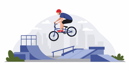 Fototapeta premium BMX rider performing a dynamic jump in a vibrant skatepark with an urban city silhouette in the background, a vector illustration of extreme sports.