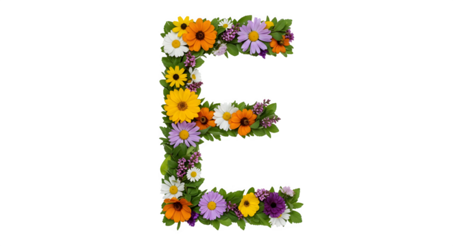 Floral letter E bursts with bright yellow, purple, and orange hues. This botanical font is perfect for springtime designs, personalized gifts, and wedding decor.