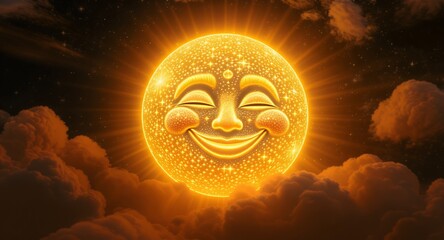 Radiant Celestial Being Smiling Amidst Fiery Clouds and Starry Expanse