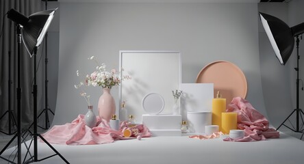 Product Photography Setup with Soft Lighting and Floral Accents for Display and Advertising