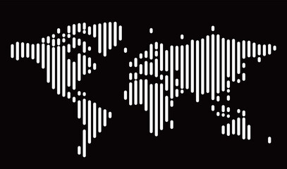 This design features a world map composed of vertical lines against a black backdrop, highlighting continents with modern artistic flair in a minimalistic style.