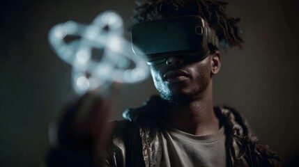 A person wearing a VR headset interacts with a glowing abstract digital model in a dark futuristic setting