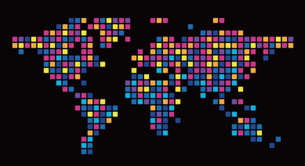 Fototapeta premium Colorful mosaic dots create a vivid representation of the world map. The bright colors form distinct patterns, showing continents and oceans in a playful way.