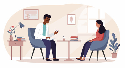 Psychologist providing mental health support to a woman during a private therapy session in a calm office setting.