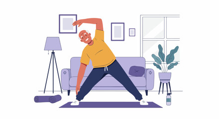 Happy senior man engaging in home exercise, performing a side bend on a yoga mat. Illustration of active aging, fitness, and healthy lifestyle for elderly well-being.