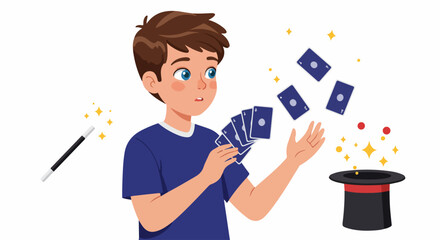 Young boy performs an enchanting card trick with a magic wand and top hat, illustrating wonder and magical entertainment.