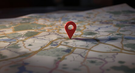 Red Location Pin Marker on a Detailed Map Surface, Representing a Destination or Current Position, Ideal for Navigation and Travel Concepts