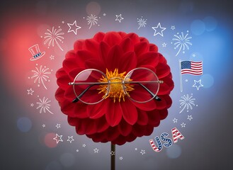 Red Dahlia Wearing Glasses with Patriotic Decorations