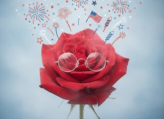 Red Rose with Fireworks and Glasses