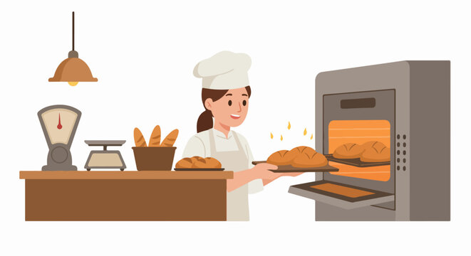 Cheerful female baker baking fresh bread loaves in a commercial oven, with scales and baguettes on the counter. A vibrant illustration of a bakery at work.