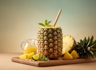 Refreshing Tropical Pineapple Drink Presentation with Mint and Lime