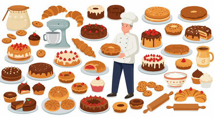 A skilled baker surrounded by an abundant assortment of delicious cakes, pastries, cookies, and sweet treats, showcasing the art and variety of a bustling bakery.