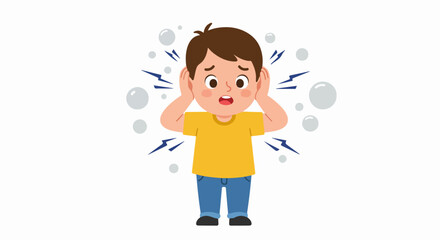 Distressed young boy covering his ears, overwhelmed by loud noise or headache, a cartoon illustration. © Nafa Project