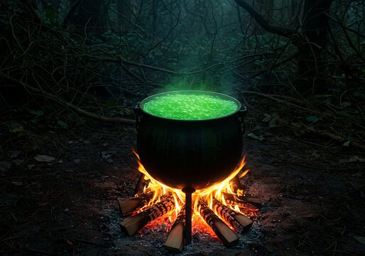 A glowing green potion bubbles in a black cauldron over a campfire in a dark, mysterious forest.