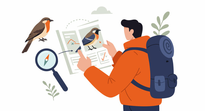 Birdwatching enthusiast identifies birds in nature using a guide, magnifying glass, and compass, ready for outdoor adventure and discovery.