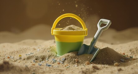 Sand Pail and Shovel with Textured Sand and Colorful Pebbles, Childhood Playtime Concept