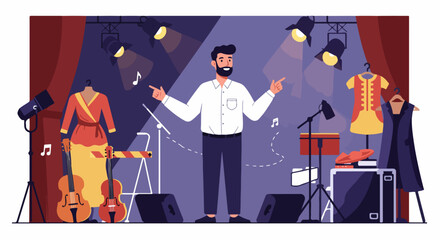 A male director or conductor on a stage preparing for a performance, surrounded by musical instruments, theatrical costumes, spotlights, and sound equipment.