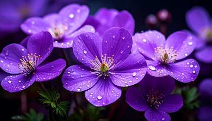 Close-up of vibrant, purple flowers, adorned with water droplets
