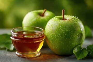 Close up of fresh green apples and juice in a small glass