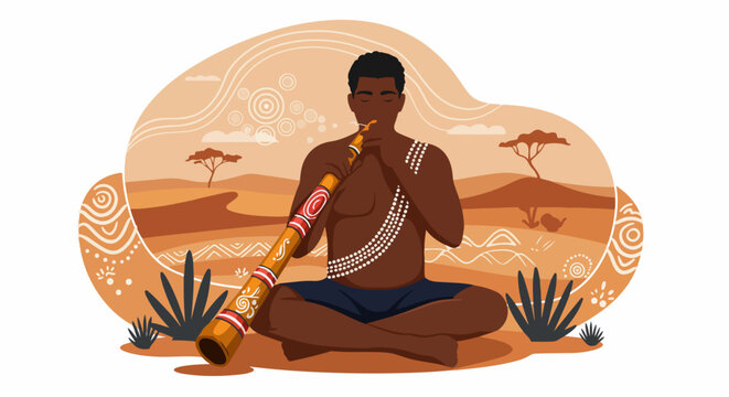 Aboriginal man playing traditional didgeridoo in a desert landscape with authentic Indigenous Australian art patterns, celebrating cultural heritage and ancient music traditions.